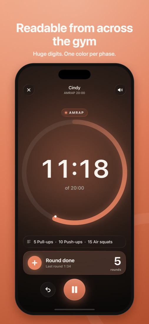 Ember's AMRAP timer showing 11:18 remaining and five rounds counted